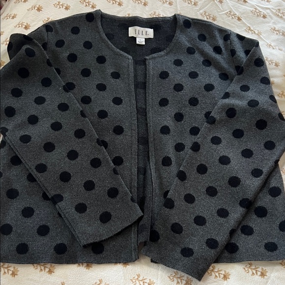 Elle Sweaters - ELLE Charcoal Gray Cardigan with Black Polka Dots